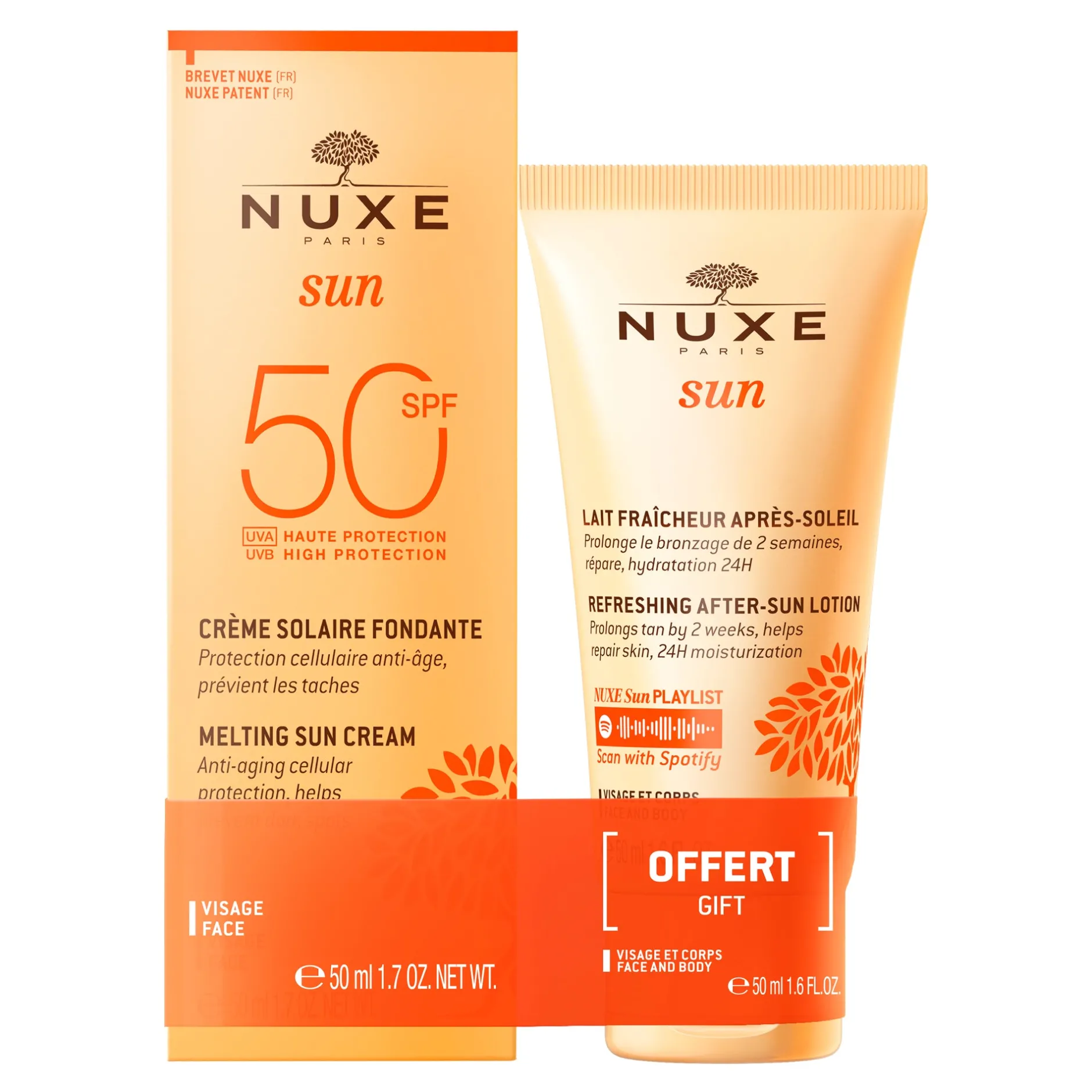 NUXE Körper Sonnenschutz | Tagescreme*Duo Zartschmelzende Sonnencreme mit hohem Schutz SPF50 für das Gesicht und After-Sun-Frischemilch für Gesicht und Körper 50ml geschenkt